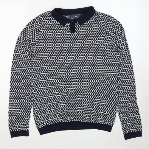 Topman Mens Black Collared Geometric Cotton Pullover Jumper Size S Long Sleeve