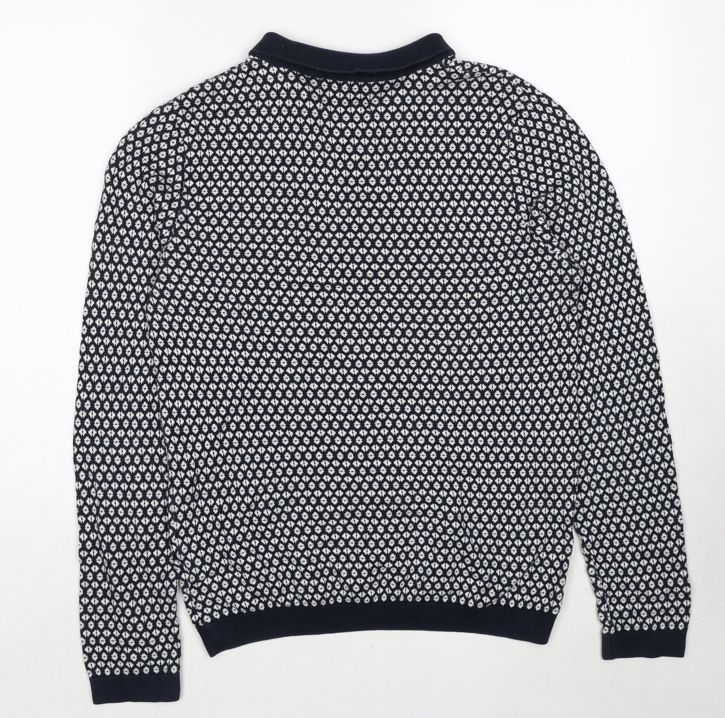 Topman Mens Black Collared Geometric Cotton Pullover Jumper Size S Long Sleeve