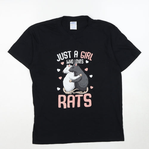 Port & Company Girls Black Cotton Pullover T-Shirt Size 11-12 Years Crew Neck Pullover - Rats