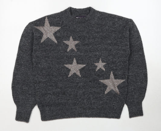 Marks and Spencer Womens Grey Round Neck Geometric Polyester Pullover Jumper Size S - Stars