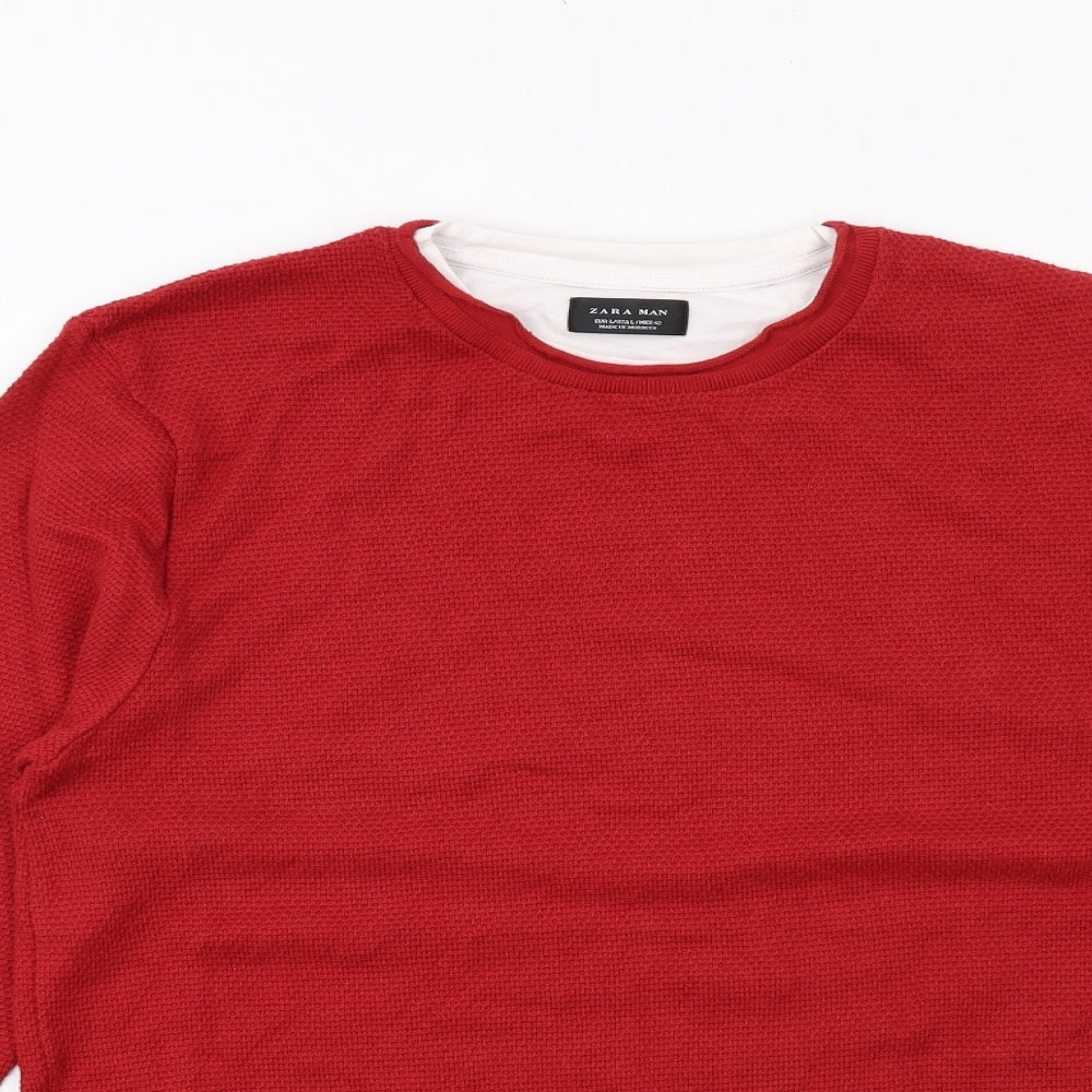 Zara Mens Red Crew Neck Cotton Pullover Jumper Size L Long Sleeve