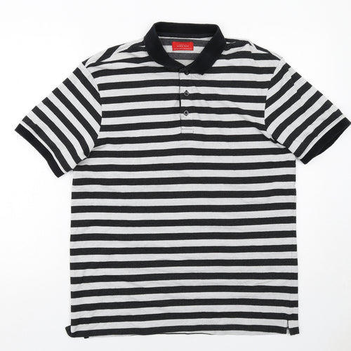 Zara Mens Black Striped Polyester Polo Size XL Collared Button