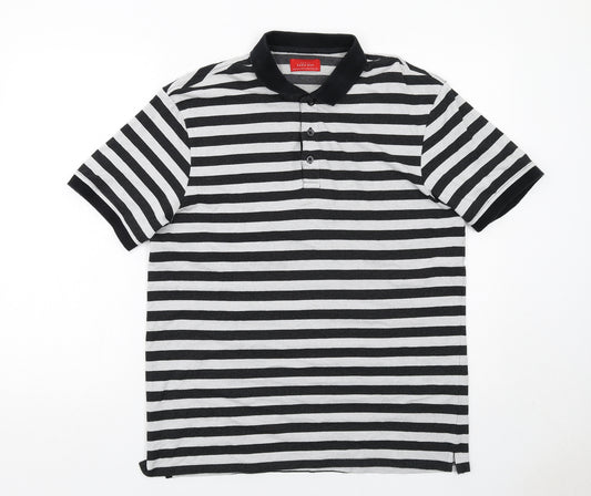 Zara Mens Black Striped Polyester Polo Size XL Collared Button