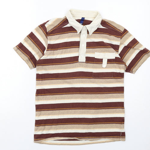 H&M Mens Brown Striped Cotton Polo Size M Collared Button
