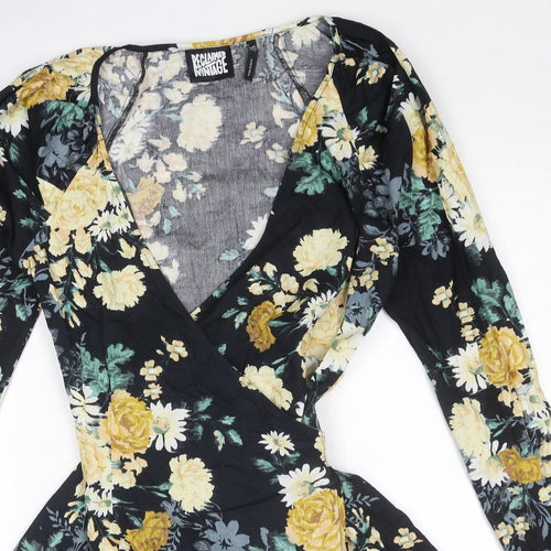 Reclaimed Vintage Womens Black Floral Cotton Wrap Dress Size 6 V-Neck Tie