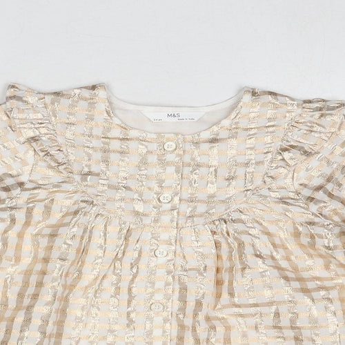 Marks and Spencer Girls Gold Geometric Cotton Basic Blouse Size 3-4 Years Round Neck Buckle