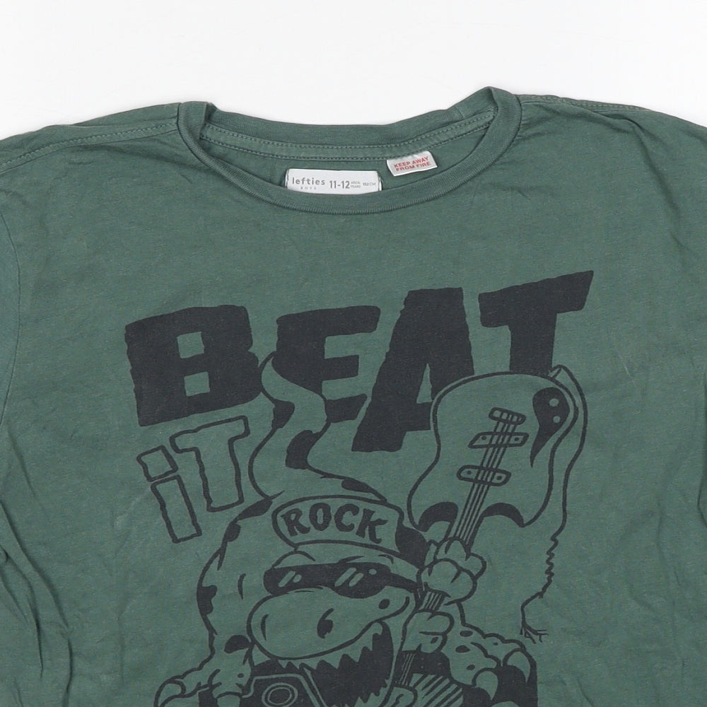 Lefties Boys Green Cotton Pullover T-Shirt Size 11-12 Years Crew Neck Pullover - Rock Dino