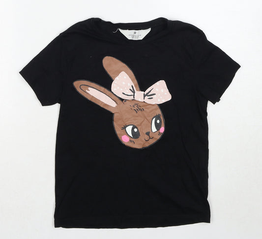 H&M Girls Black Cotton Pullover T-Shirt Size 6-7 Years Round Neck Pullover - Bunny