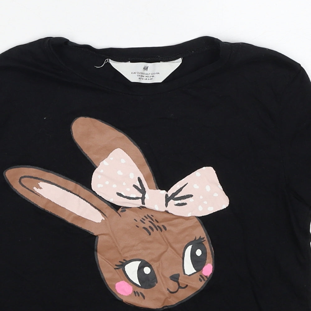 H&M Girls Black Cotton Pullover T-Shirt Size 6-7 Years Round Neck Pullover - Bunny