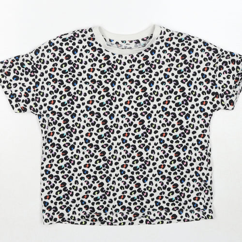 Marks and Spencer Girls Multicoloured Animal Print Cotton Basic T-Shirt Size 7-8 Years Crew Neck Pullover - Leopard Print