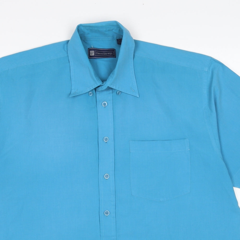 Casual Shirtings Mens Blue Polyester Button-Up Size L Collared Button