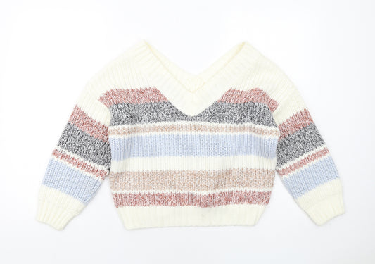 New Look Girls Multicoloured V-Neck Striped Acrylic Pullover Jumper Size 12-13 Years Pullover