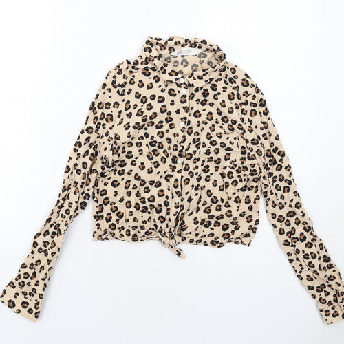 H&M Girls Beige Animal Print Viscose Basic Button-Up Size 13-14 Years Collared Button - Tie Front