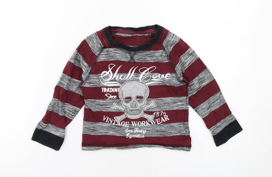 Dunnes Stores Boys Red Striped Cotton Pullover T-Shirt Size 2-3 Years Round Neck Pullover - Skull
