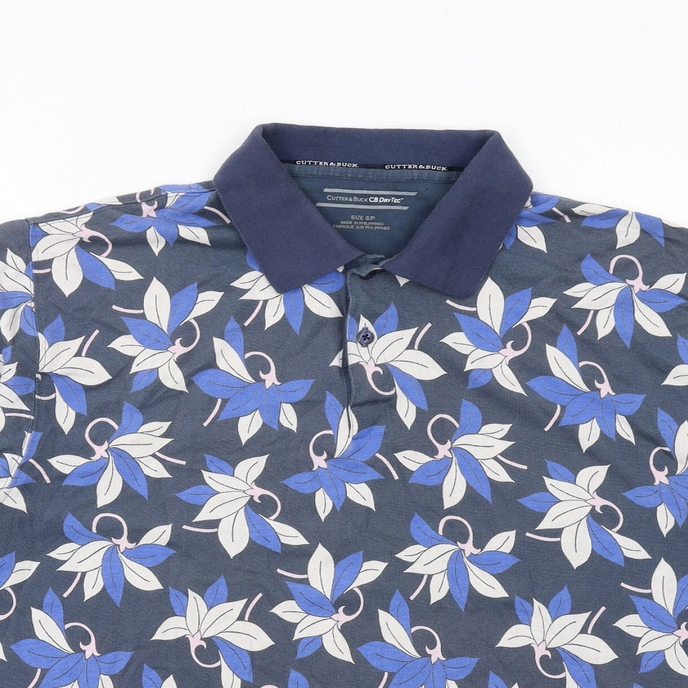 Cutter & Buck Mens Blue Floral Cotton Polo Size S Collared Button