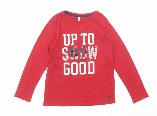 Joules Girls Red Cotton Pullover T-Shirt Size 7-8 Years Boat Neck Pullover - Up To Snow Good
