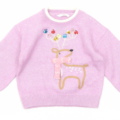 Marks and Spencer Girls Purple Crew Neck Polyester Pullover Jumper Size 2-3 Years Pullover - Reindeer Christmas