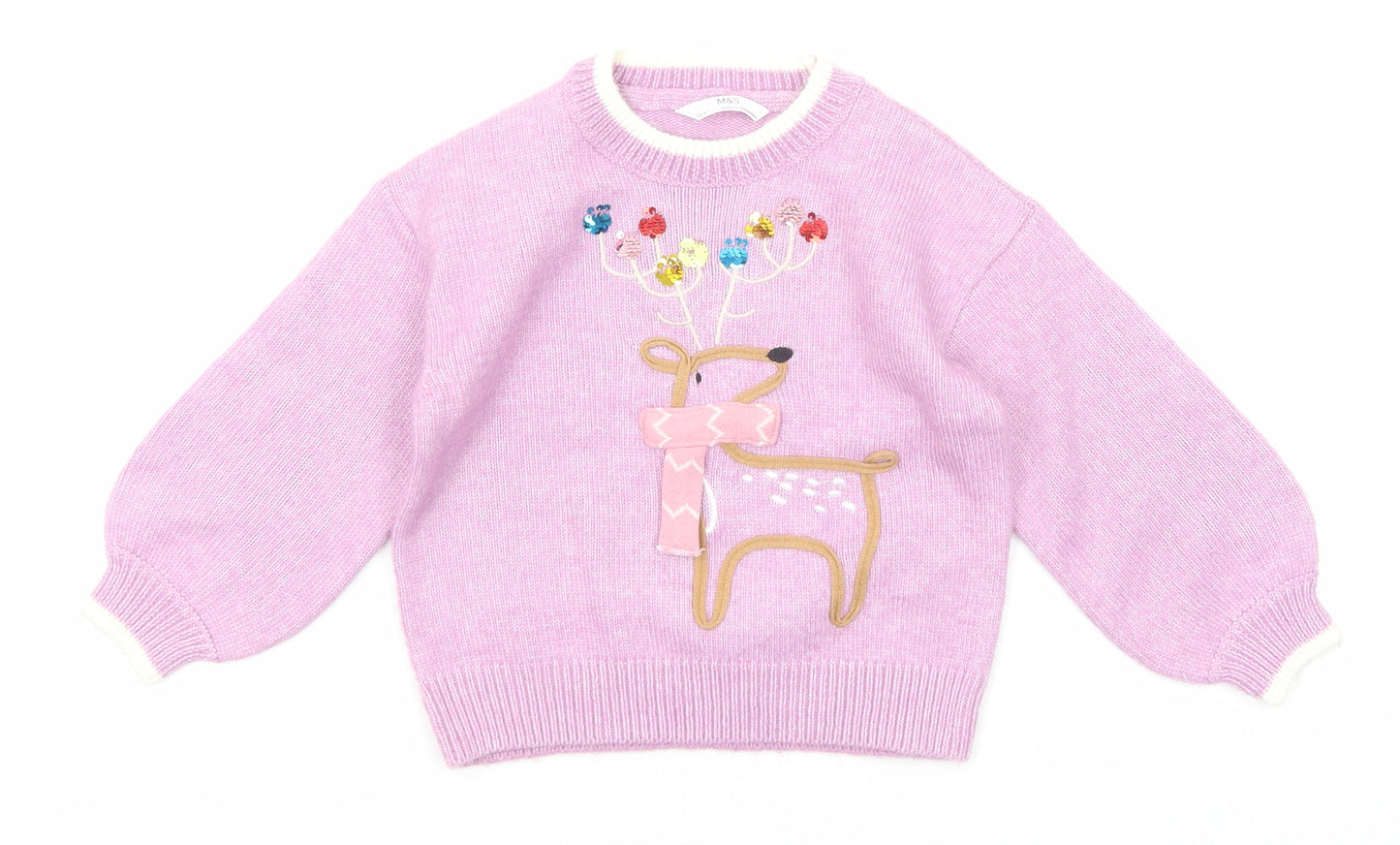 Marks and Spencer Girls Purple Crew Neck Polyester Pullover Jumper Size 2-3 Years Pullover - Reindeer Christmas