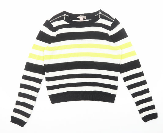 FOREVER 21 Womens Black Boat Neck Striped Ramie Pullover Jumper Size S