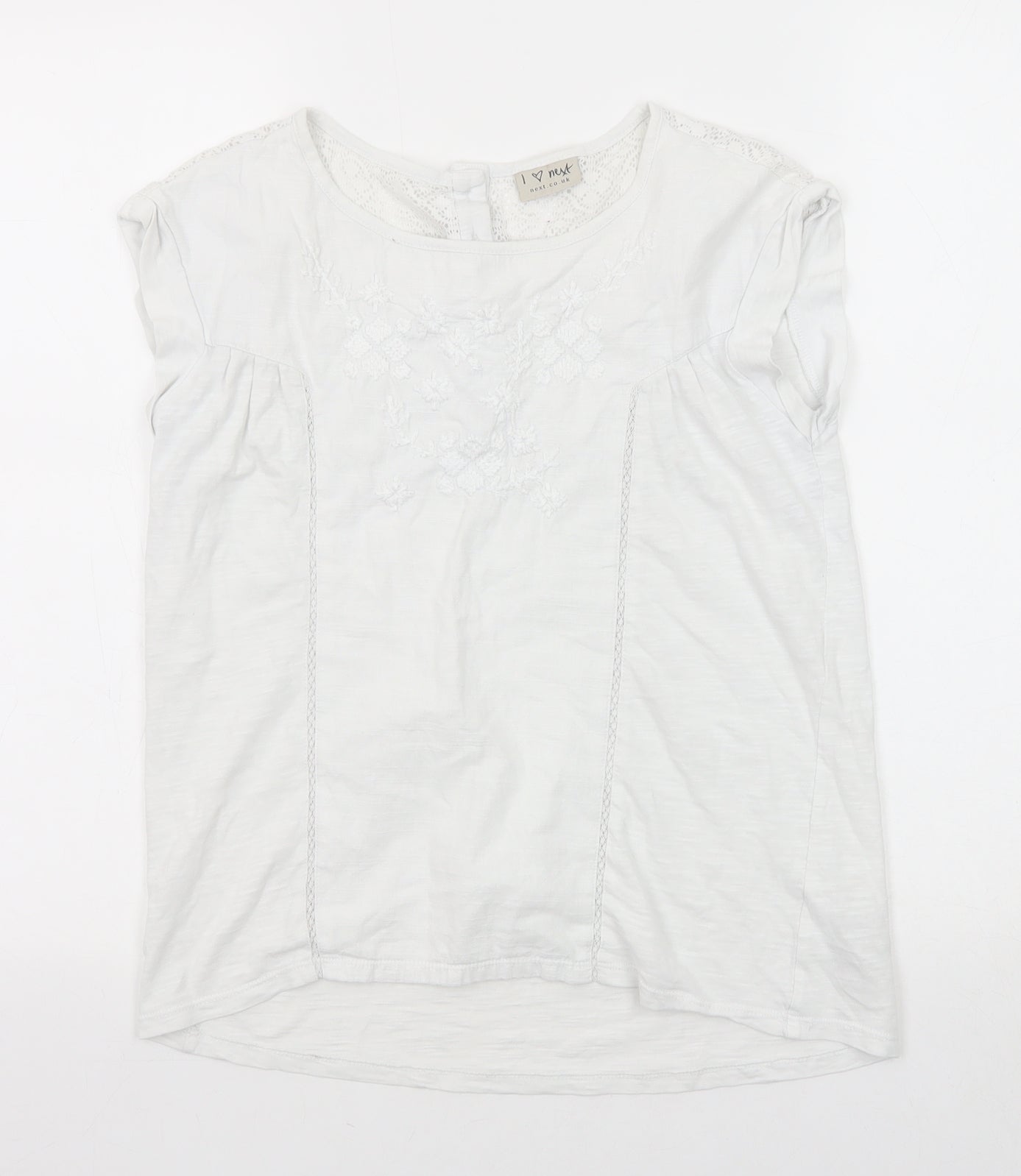NEXT Girls White Cotton Basic T-Shirt Size 11 Years Round Neck Button - Lace Detail