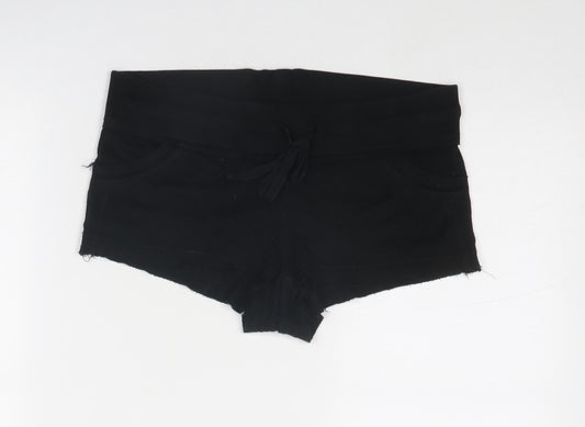 Topshop Womens Black Cotton Hot Pants Shorts Size 10 Regular Drawstring