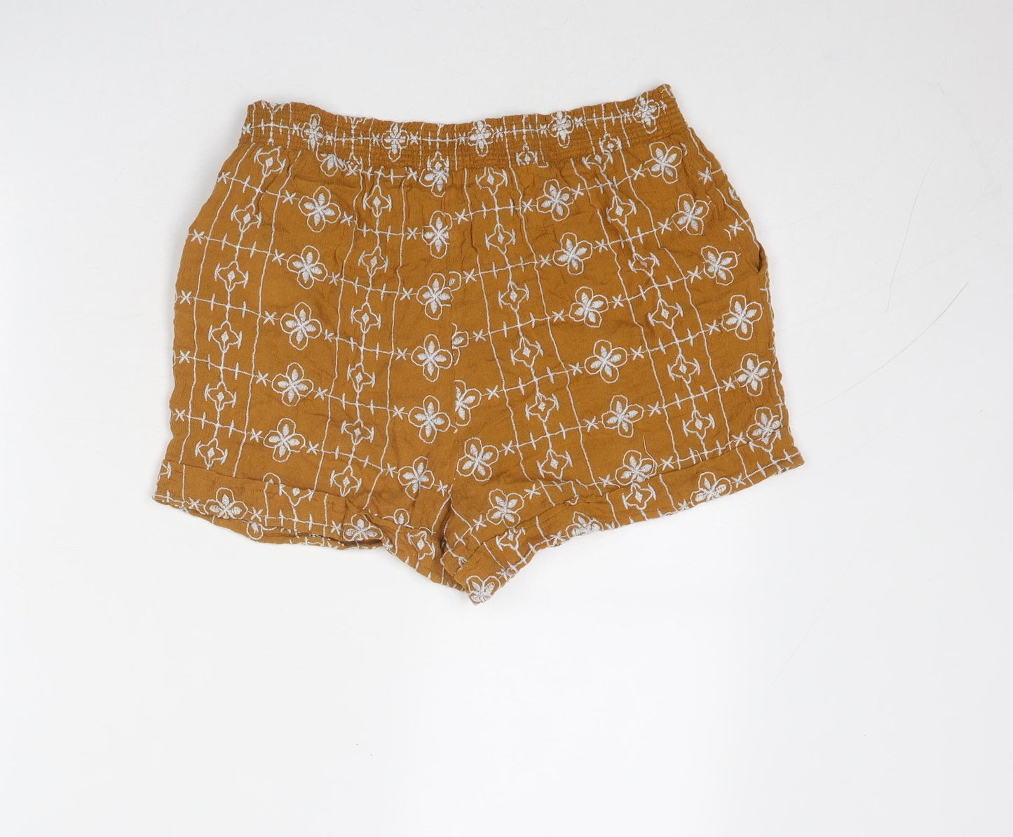 Topshop Womens Yellow Geometric Polyester Basic Shorts Size 14 Regular Pull On