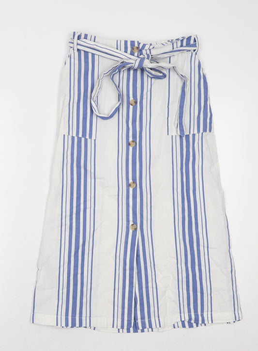 Monki Womens White Striped Cotton A-Line Skirt Size S Button