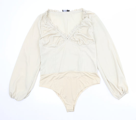 PRETTYLITTLETHING Womens Beige Polyester Bodysuit One-Piece Size 16 Zip