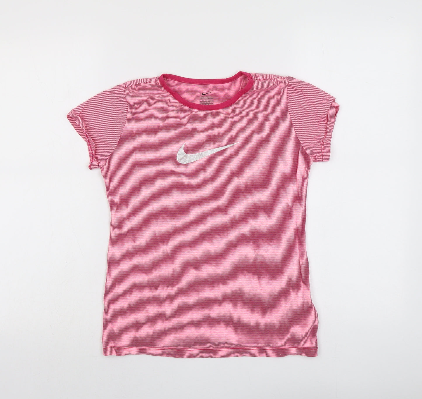 Nike Girls Pink Striped Cotton Basic T-Shirt Size 12-13 Years Round Neck Pullover