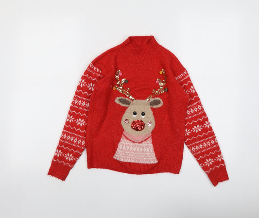 NEXT Girls Red High Neck Geometric Polyester Pullover Jumper Size 7 Years Pullover - Reindeer Christmas