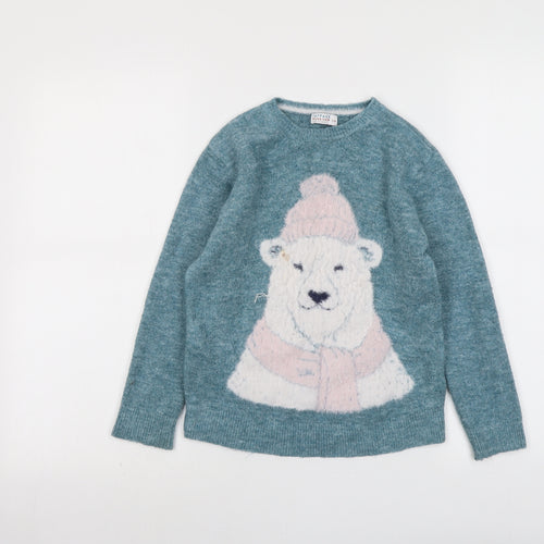 Fat Face Girls Blue Round Neck Acrylic Pullover Jumper Size 7-8 Years Pullover - Polar Bear