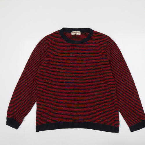 Hemingawy Mens Red Crew Neck Striped Acrylic Pullover Jumper Size L Long Sleeve