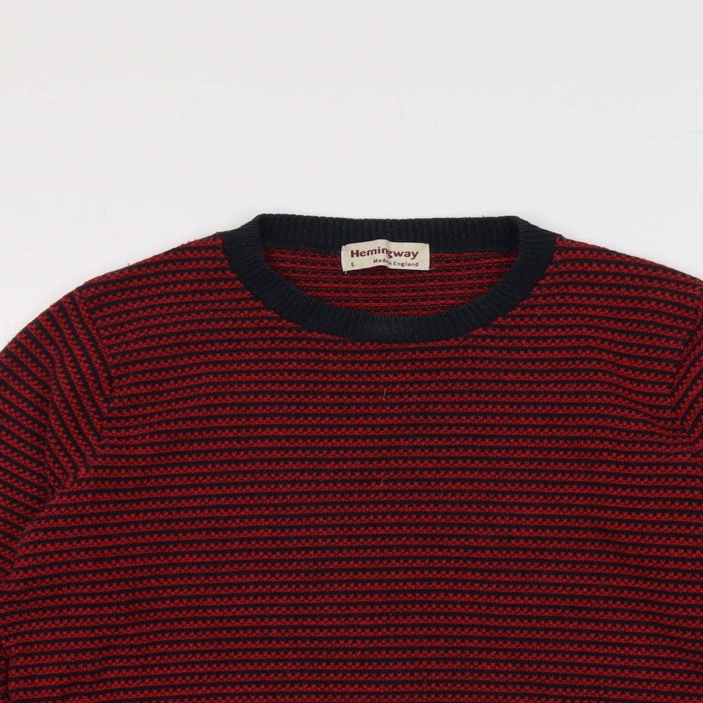 Hemingawy Mens Red Crew Neck Striped Acrylic Pullover Jumper Size L Long Sleeve