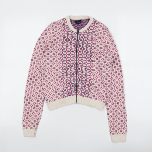 Topshop Womens Pink Round Neck Geometric Cotton Full Zip Jumper Size 6