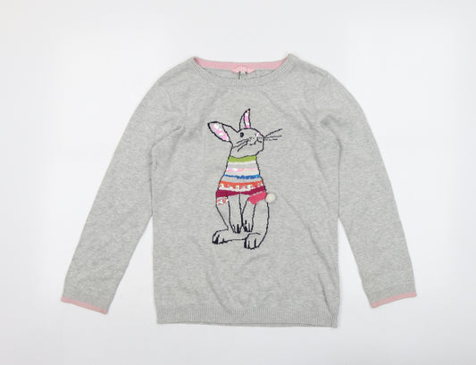 Joules Girls Grey Boat Neck Cotton Pullover Jumper Size 9-10 Years Pullover - Bunny