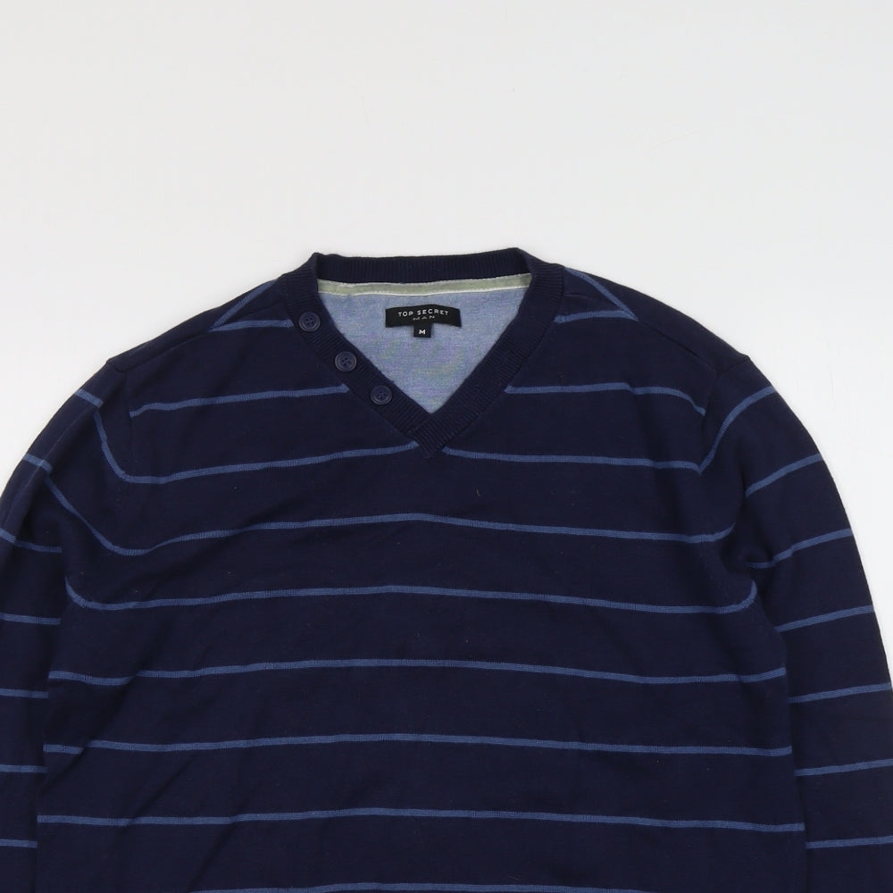 Top Secret Mens Blue V-Neck Striped Cotton Pullover Jumper Size M Long Sleeve