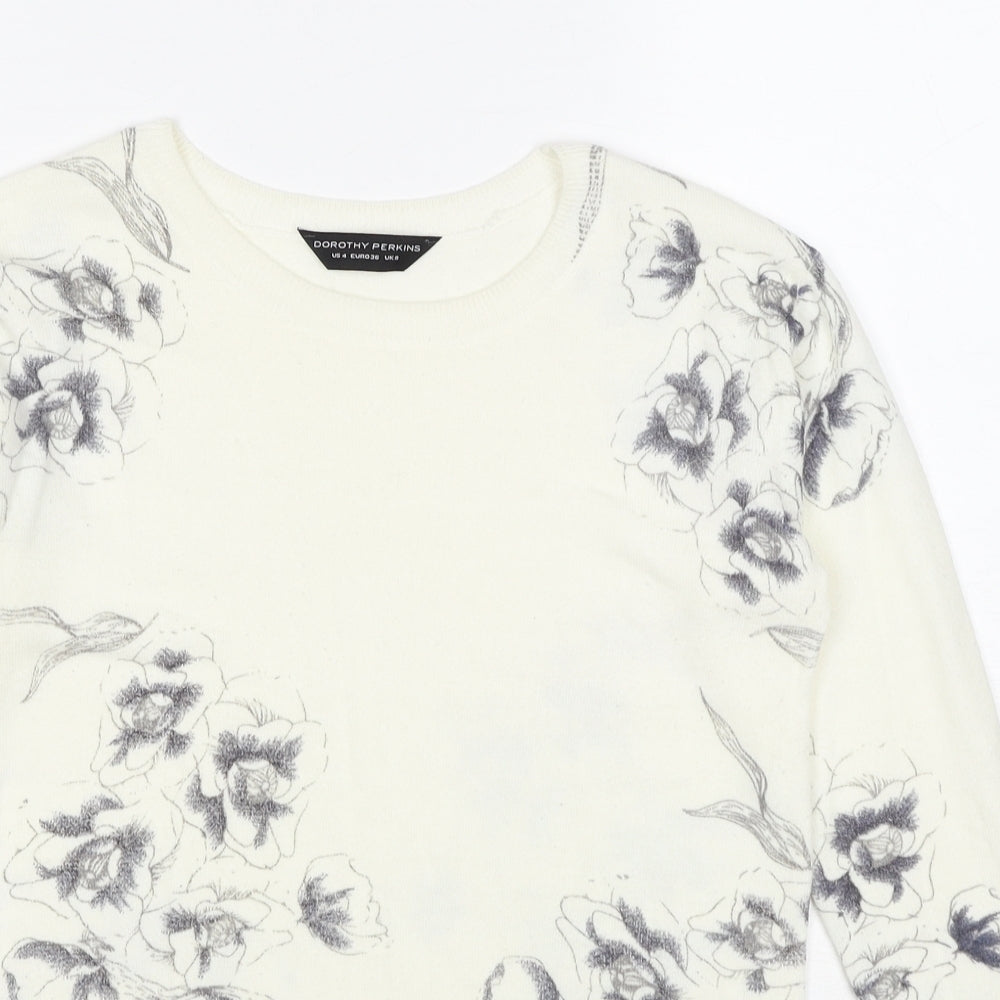 Dorothy Perkins Womens White Round Neck Floral Acrylic Pullover Jumper Size 8