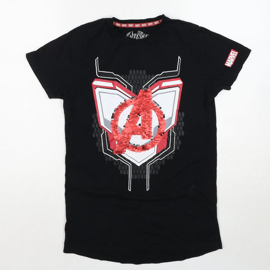 Marvel Boys Black Cotton Pullover T-Shirt Size 11-12 Years Crew Neck Pullover - Avengers