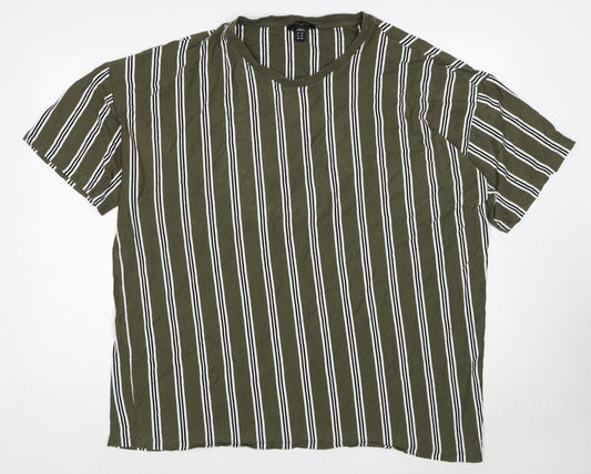 New Look Mens Green Striped Cotton T-Shirt Size 2XL Crew Neck