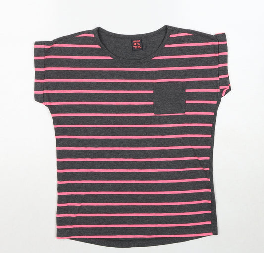Young Fly Kids Girls Grey Striped Polyester Basic T-Shirt Size 11-12 Years Boat Neck Pullover