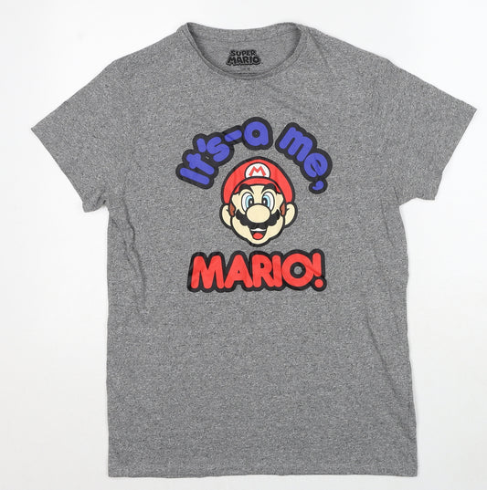 Super Mario Mens Grey Polyester T-Shirt Size M Crew Neck