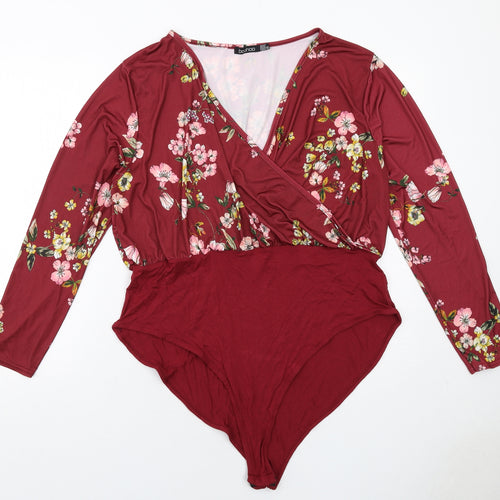 Boohoo Womens Red Floral Polyester Bodysuit One-Piece Size 22 Snap - Wrap Front Detail