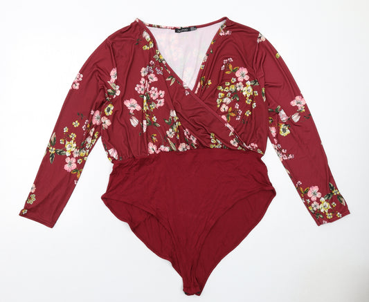 Boohoo Womens Red Floral Polyester Bodysuit One-Piece Size 22 Snap - Wrap Front Detail