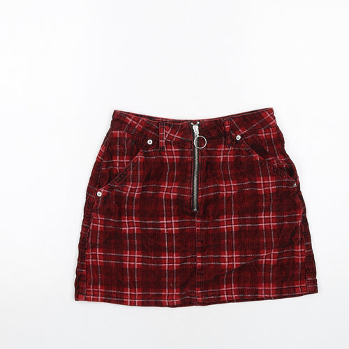 Topshop Womens Red Plaid Cotton Mini Skirt Size 8 Zip