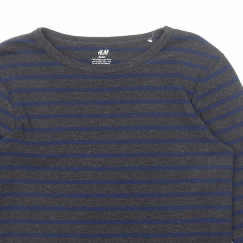 H&M Boys Grey Striped Cotton Pullover T-Shirt Size 13-14 Years Round Neck Pullover
