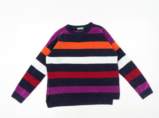 United Colors of Benetton Girls Multicoloured Round Neck Striped Polyester Pullover Jumper Size 8-9 Years Pullover