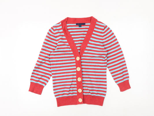 Boden Womens Red V-Neck Striped Cotton Cardigan Jumper Size 8