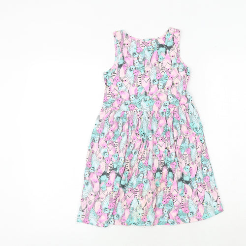 H&M Girls Multicoloured Geometric 100% Cotton Tank Dress Size 7-8 Years Boat Neck Pullover - Bird Print