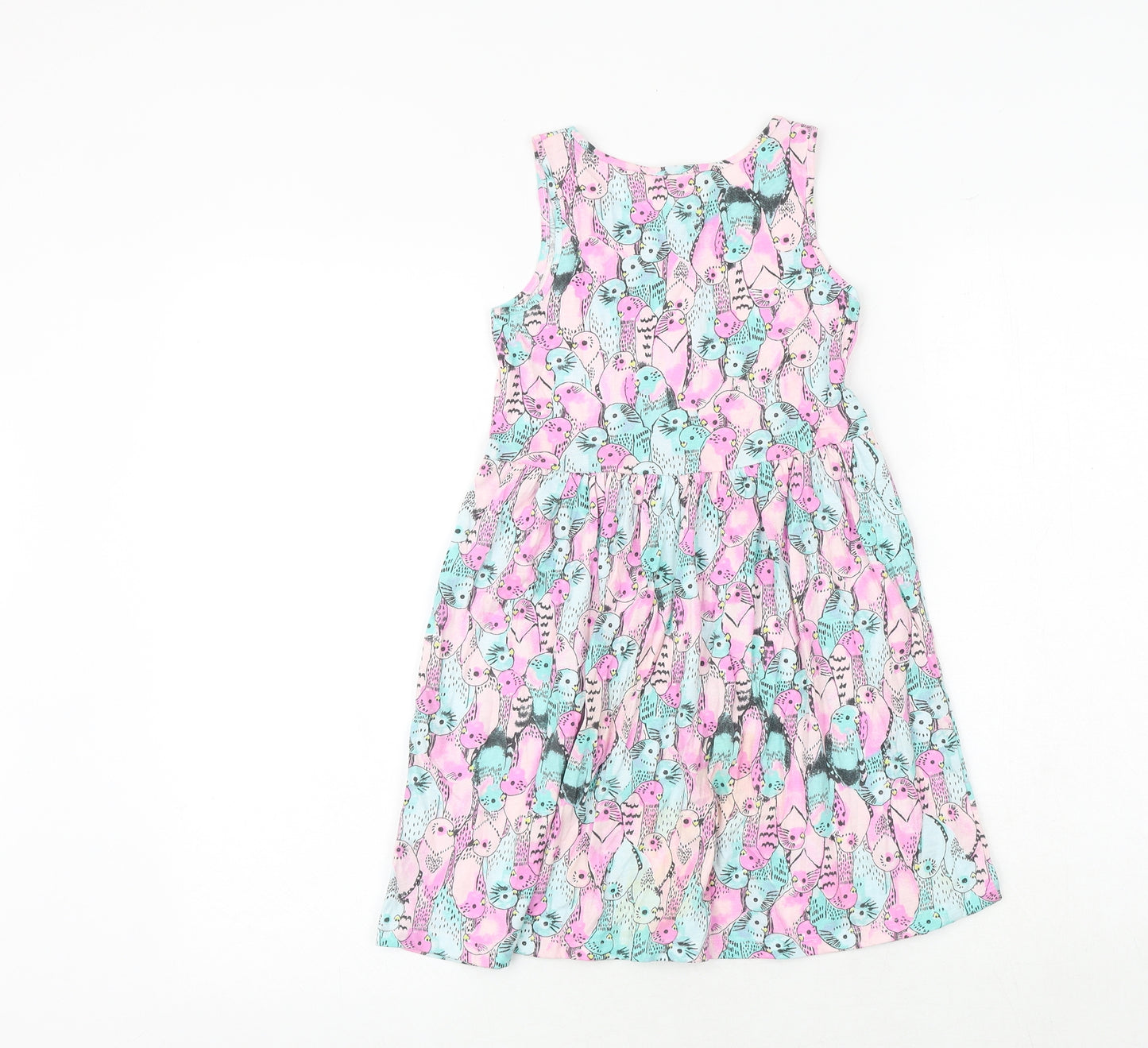H&M Girls Multicoloured Geometric 100% Cotton Tank Dress Size 7-8 Years Boat Neck Pullover - Bird Print