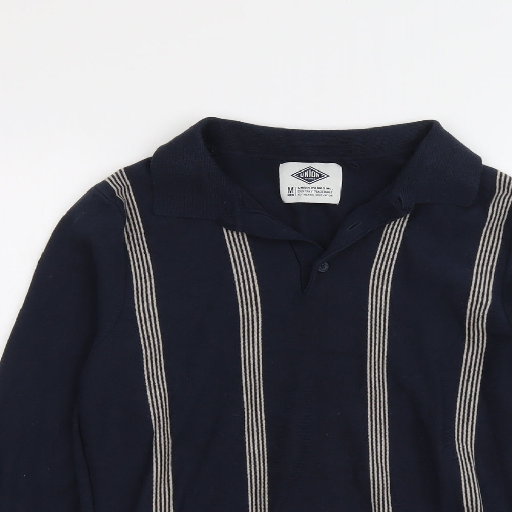 Union Works Mens Blue Collared Striped Cotton Pullover Jumper Size M Long Sleeve